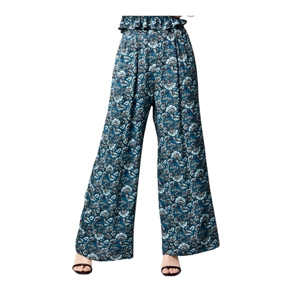Band Of The Free Pants - Band of the Free Elise Teal Floral Wide Leg Cinched Waist Pants New S